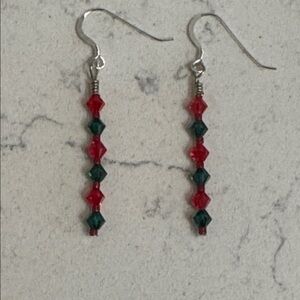 Red and Green Austrian crystal beaded earrings on Sterling silver ear wires NWT